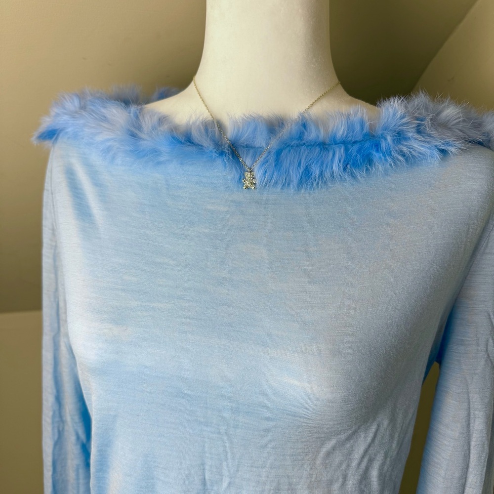 Moschino Pastel Blue Fur Trim Top Long Sleeve Size‎ 10 USA Made in Italy - Picture 3 of 10